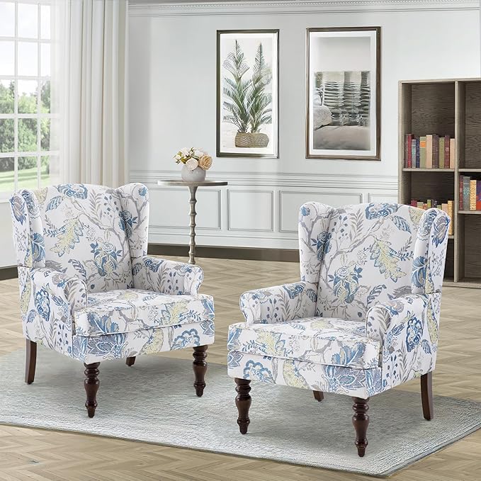 HUIMO Printed Wingback Accent Chair, Linen Upholstered High Back Armchair, Comfy Reading Chair for Living Room Bedroom Study, 300lbs Weight Capacity (2, Blue Floral)