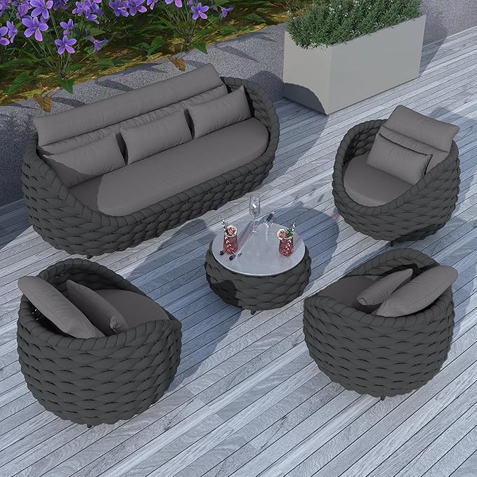 TWT 6-Piece Aluminum Patio Furniture Set, Modern Outdoor Conversation Set Sectional Sofa with Water Repellent Thick Cushions and Coffee Table for Balcony, Garden