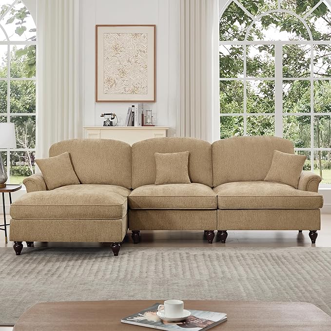 KEIKI Mid Century Modular Sofa with Flared Arms and Skirted Design, 107” Oversized 3-Seater with Ottoman Chenille L-Shaped Sectional Couches for Living Room, Chaise Lounge Indoor, Light Coffee