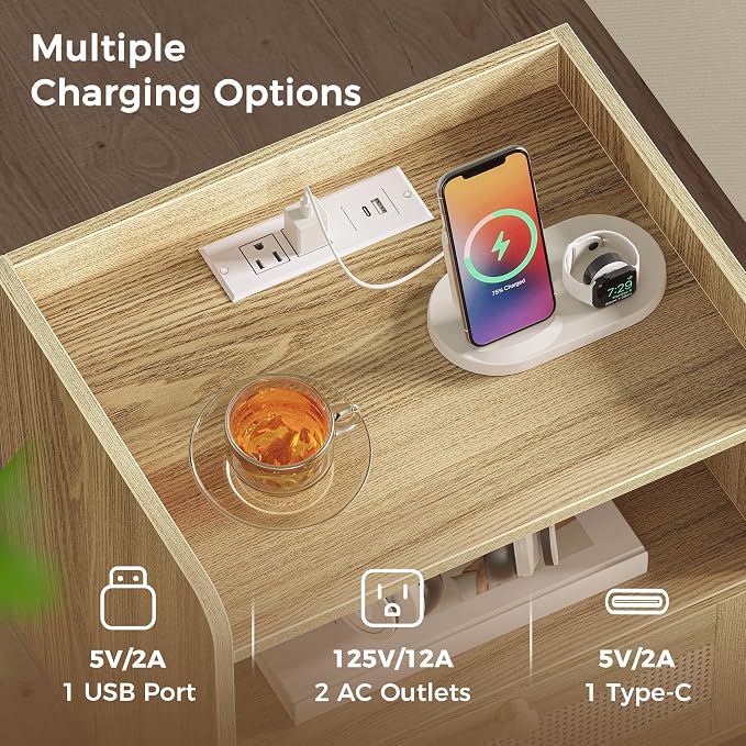 SUPERJARE Nightstand with Charging Station & Rattan-Like Decor Drawer, Rattan End Table with Solid Wood Feet, Bed Side Table with Open Storage, for Bedroom, Living Room, Dormitory - Natural - Image 4