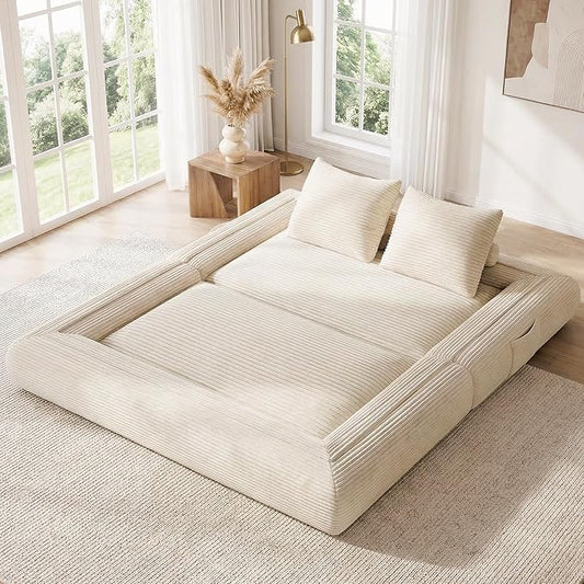 4-in-1 Convertible Folding Sofa Bed, 76 Inch Queen Size Foldable Sleeper Sofa Bed, Wide Corduroy Upholstery, Boneless Mattress Couch with Armrests & Neck Pillow for Living/Bedroom - Beige