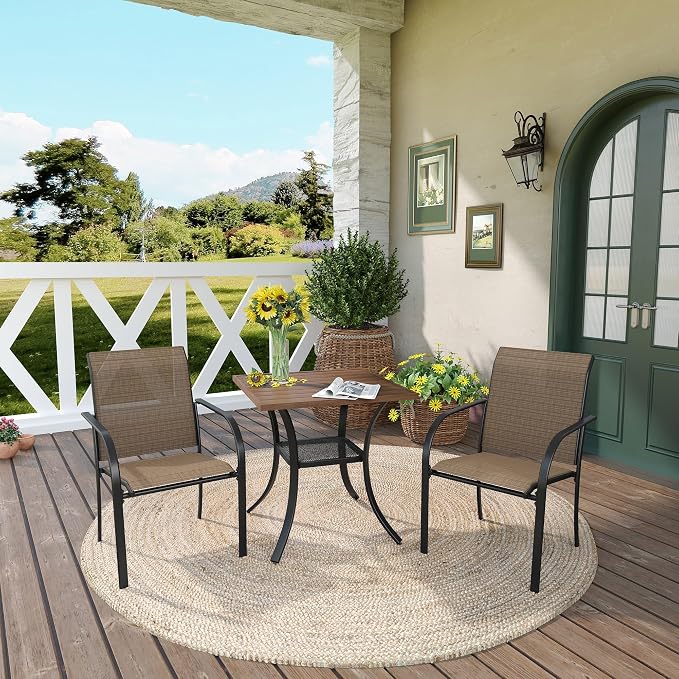 DIFY 3-Piece Outdoor Patio Bistro Dining Set, Walnut Small Square Dining Table & 2 Brown Stackable Metal Chairs with Breathable Fabric, Outdoor Furniture Set for Balcony, Porch, and Deck by DIFY