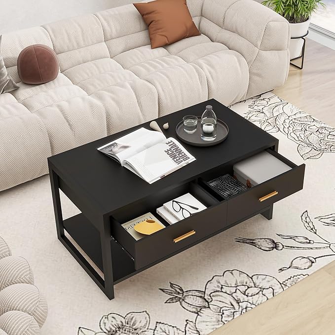Coffee Table with Sensor Light - Modern Storage Coffee Table with Drawers and Shelf for Living Room, Office, Outdoor