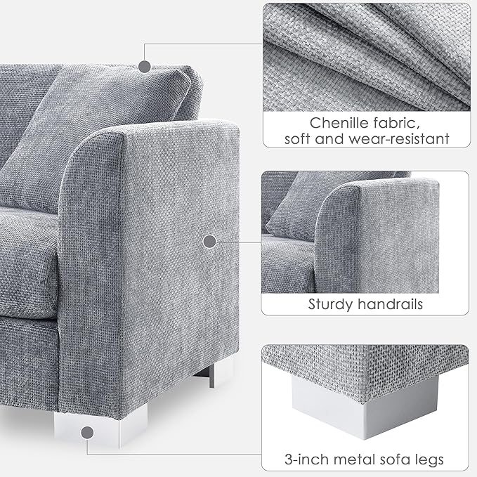 Deep Seat Oversized L Shaped Modular Sectional Sofa with Extra Wide Chaise, 4 Seater Cloud Lounge Sofa Corner Couch with Metal Legs and Detachable Cushions for Living Room Apartment, Chenille Fabric
