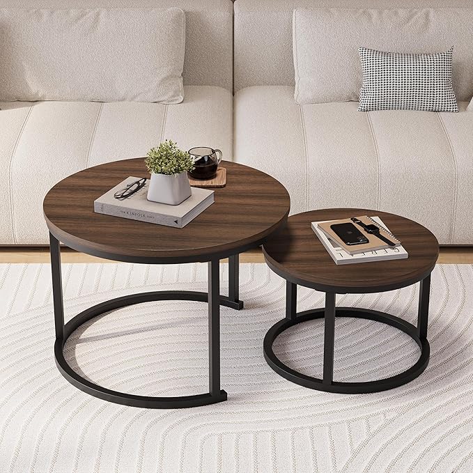 HOJINLINERO Round Coffee Table,Nesting Coffee Table Set of 2,Center Tables for Living Room,Office, Home Small Space,Stacking Side Tables,Sturdy and Easy Assembly,Wood Desktop,Walnut+Black,Large