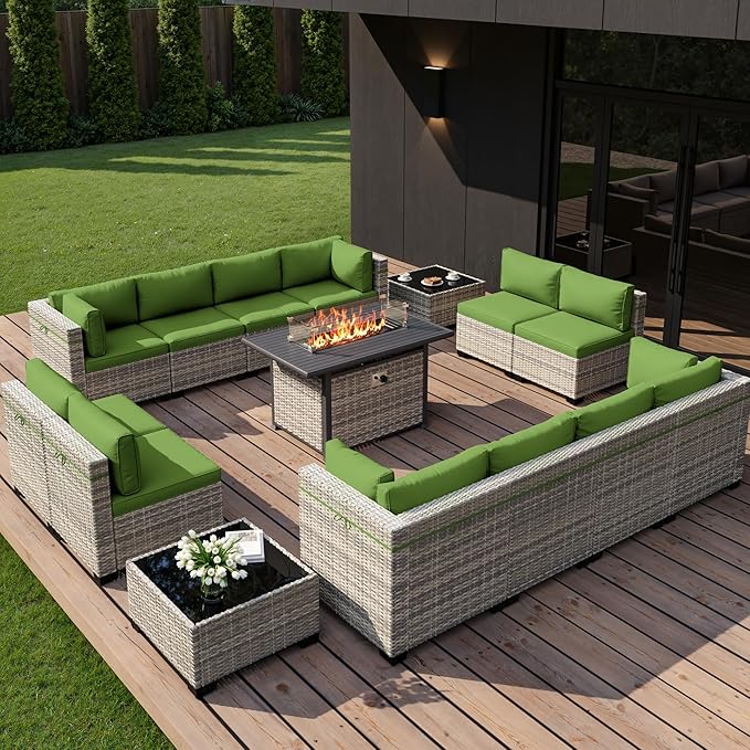 15-Piece Outdoor Patio Furniture Set with 55,000 BTU Fire Pit Table, PE Wicker Rattan Sectional Sofa Conversation Set - All-Weather Garden, Backyard Furniture, Avocado Green