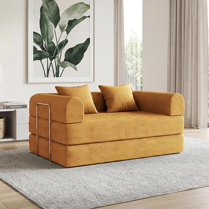 53.15'' Convertible Compressed Corduroy Folding Sofa Bed, Modern Boneless Pull Out Loveseat Sleeper in a Box, 4 in 1 Floor Mattress Futon Cloud Couch, No Assembly Needed, Yellow, 2 Pillows, Full