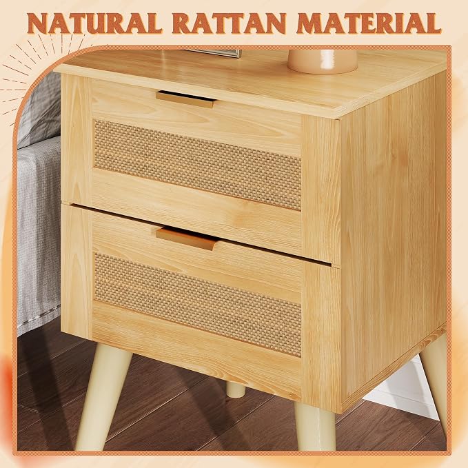 WLIVE Wooden Nightstands Set of 2, Rattan Night Stand with 2 Drawers, Boho Nightstand with Solid Legs, Bed Side Table for Bedroom, Living Room, Natural Oak - Image 4