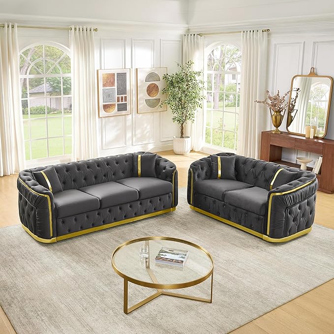 KEIKI 2-Piece Luxury Chesterfield Sofa Set with 1 Velvet 3-Seater Sofa & 1 Loveseat Sofa, 5-Seater Couch Set with 4 Pillow, Gold Stainless Decoration and Rolled Arms, for Living Room, Gray