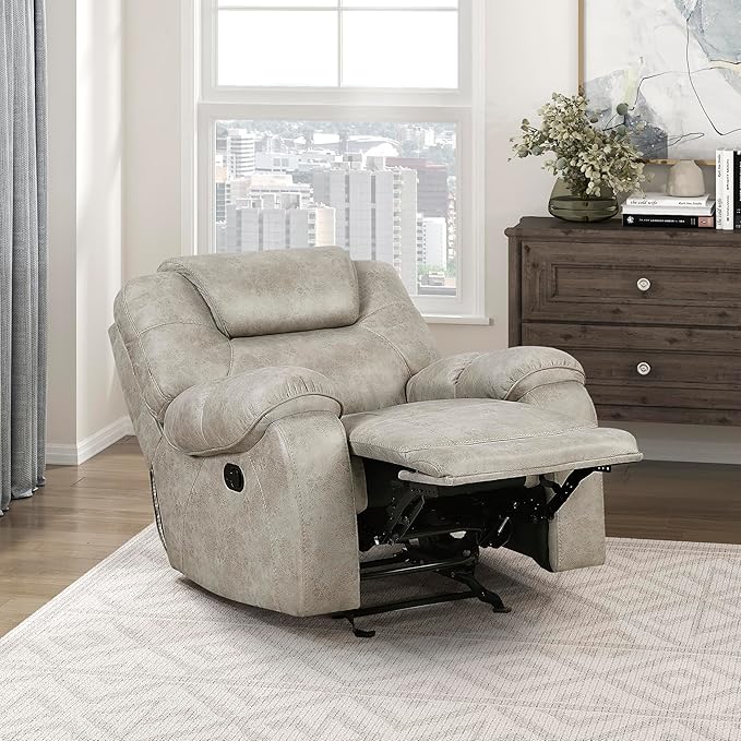 Lexicon Manual Glider Recliner Chair, Polished Microfiber Upholstered Manual Tab Pull Reclining Nursery Chair for Living Room, Pillow Top Armrest, Padded Headrest, Easy Assembly, Pewter