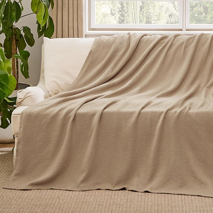 Bedsure GentleSoft 100% Cotton Blanket Full Size for Bed - Breathable and Lightweight, Soft Cozy Textured Herringbone Woven Blanket for Summer Spring, Linen Beige, 80x90 inches