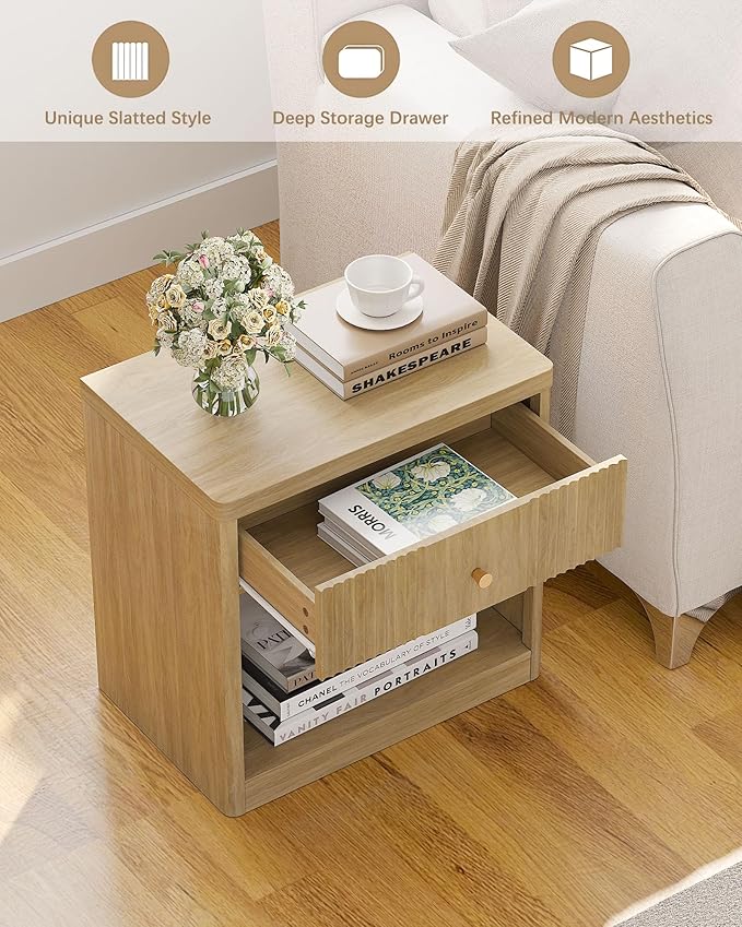 Night Stand Set of 2 Nightstands with Drawer, Large Modern Fluted Bedside Table End Table with Storage for Bedroom, Sofa, Office, Natural Oak - Image 3