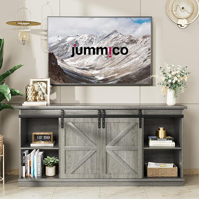 JUMMICO TV Stand for 65 Inch TV, Entertainment Center with Storage Cabinets and Sliding Barn Doors, Mid Century Modern Media TV Console Table for Living Room Bedroom (Pale Gray) - Image 6