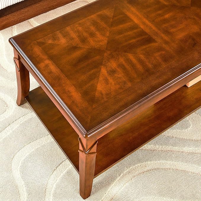 MODERION Solid Wood Coffee Table with Storage Shelf, Mid-Century Living Room Table with Wood Carved Tabletop and Leg, 43.3” Splicing Cocktail Center Table,Easy Assembly, Cherry Brown KFZ-DR200