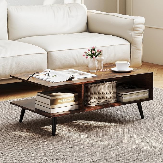 Giantex Coffee Table with Storage, Mid Century Modern Center Table for Living Room, Rectangle Tea Table with Open Storage Shelf & Floor-Anti-Scratching Tapered Metal Legs, Rustic Brown (Rustic Brown)