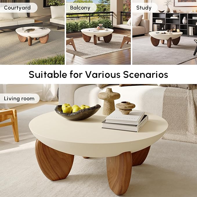 homary Round Concrete Coffee Table with Premium Walnut Ash Wood Legs, Modern Minimalist Cement Finish Center Table for Living Room