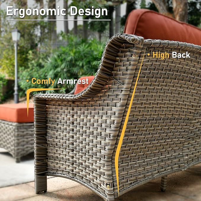 HOOOWOOO 6 Piece Patio Furniture Conversation Sets with Swivel Rocking Chairs,Outdoor Wicker Furniture with Ottoman,All Weather Resistant High Back Rattan Conversational Set(Red)