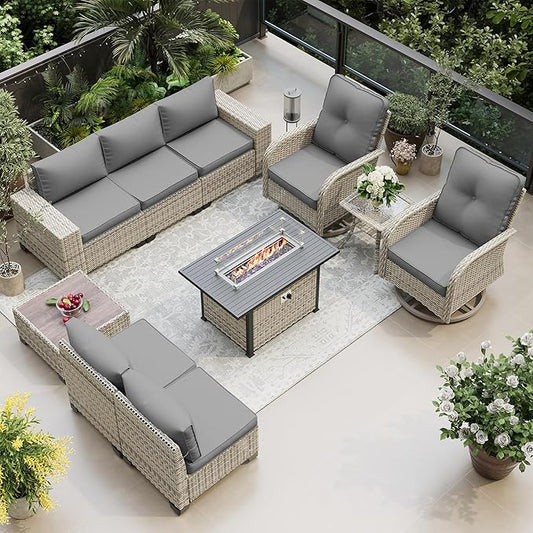 10-Piece Outdoor Patio Furniture Set with Rocking Swivel Chair, PE Wicker Rattan Sectional Sofa Patio Conversation Set with 55,000 BTU Fire Pit Table & Coffee Table, Grey