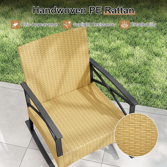 Tangkula 3 Pieces Outdoor Rocking Chairs Set, Rattan Heavy Duty Cushioned Rocker Chairs with 2-Tier Tempered Glass Coffee Table, for Garden, Balcony, Backyard (Yellow+Gray) - Image 7