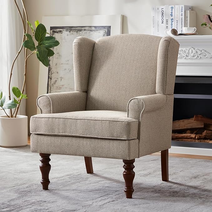HUIMO Printed Wingback Accent Chair, Linen Upholstered High Back Armchair, Comfy Reading Chair for Living Room Bedroom Study, 300lbs Weight Capacity (1, Brown with Lines)