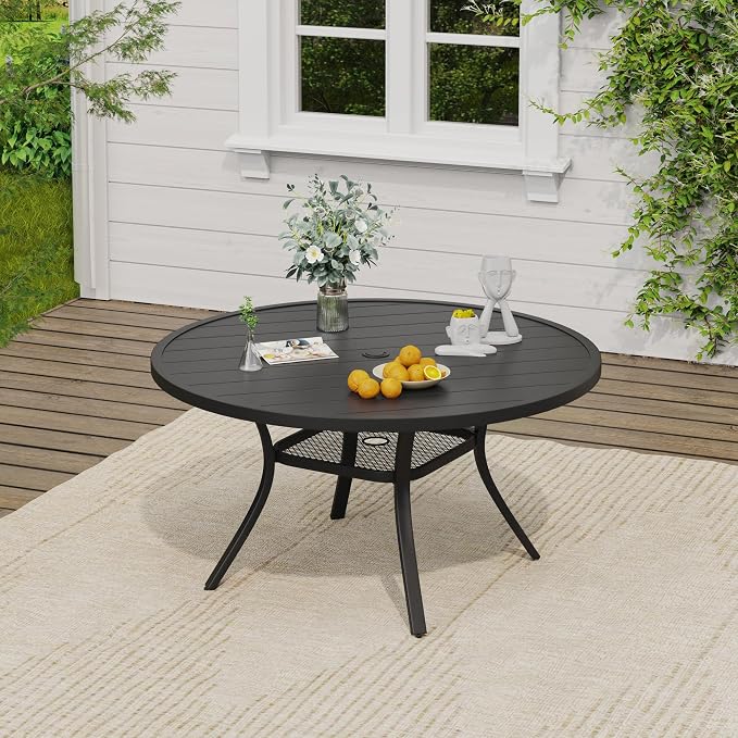 VICLLAX Round Outdoor Dining Set, Patio Table and Chairs Set Set of 6 Patio Stackable Chairs and 47" Outdoor Round Table with Umbrella Hole for Backyard Lawn Garden, Brown Chairs and Black Table - Image 5