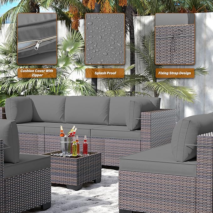 14 Pieces Outdoor Patio Furniture Set,Outdoor Sectional Furniture All Weather PE Rattan Wicker Patio Conversation Set with 2 Coffee Tables and 12 Thickened Cushions,Grey