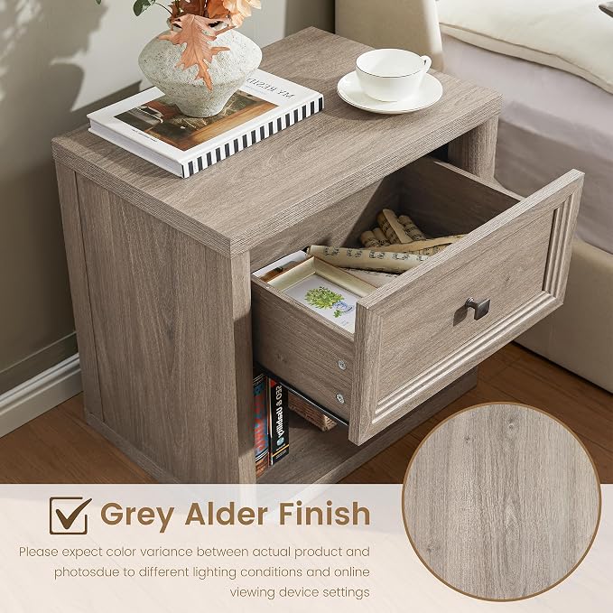 Grey Nightstand Set of 2, Farmhouse Modern Night Stand with Drawer & Open Storage Space, Large Bed Side Table for Bedroom Living Room, End Table with Metal Knob, Wooden Bedside Table - Image 4