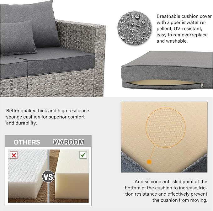 WAROOM Patio Furniture Set 7 Piece Grey Wicker Outdoor Conversation Sets PE Rattan Sectional Sofa with Large Fire Pit Table and Anti-Slip Grey Cushion