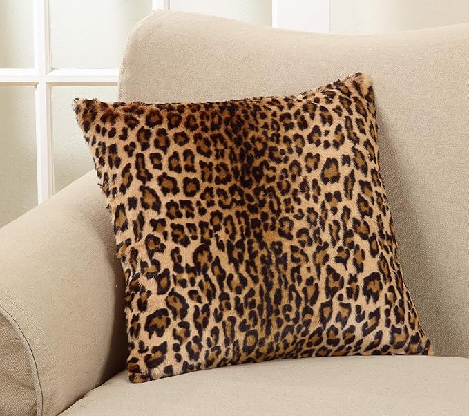 SARO LIFESTYLE Guépard Design Cheetah Print Faux Fur Polyester Pillow with Down Filling, 18", Brown