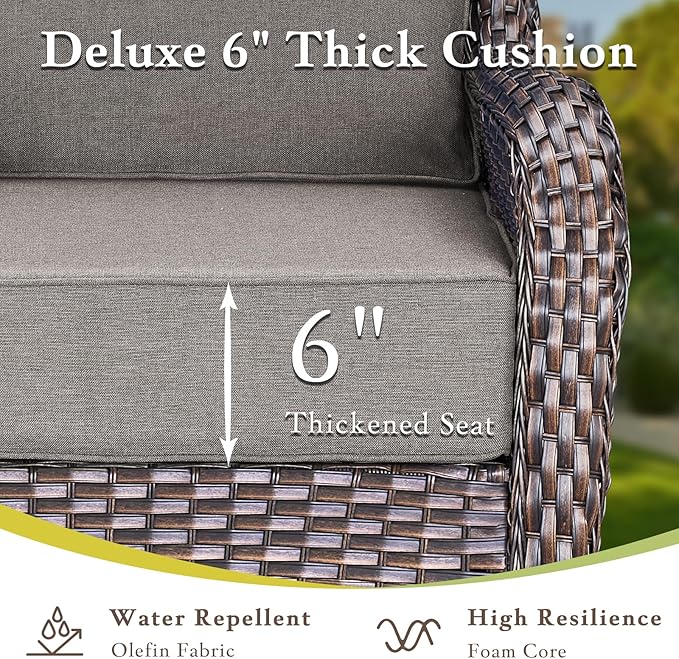 Luxury High Back Outdoor Furniture with 6-inch Extra Thick Cushions, Patio Furniture Set with Swivel Chairs, 10 PCS Wicker Conversation Set for Yard, Deck, Poolside, Brown/Grey