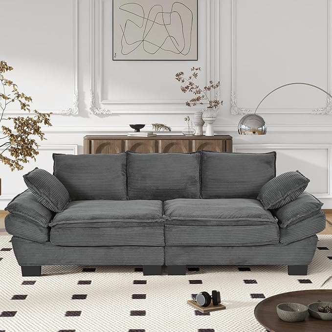 Merax 85.4" Modern Curved Corduroy Fabric Sofa, Back Upholstered Couch with 2 Decorative Throw Pillows for Living Room, Bedroom, Apartment, Gray