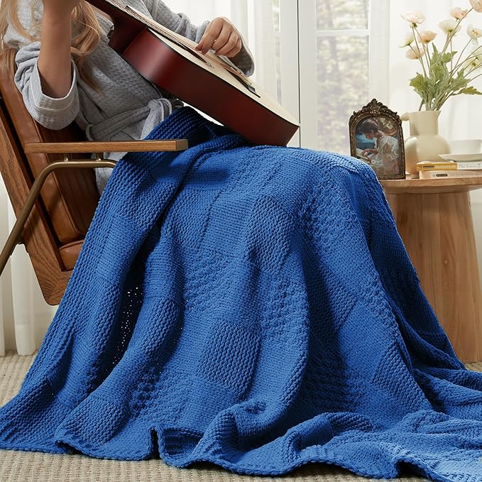 Amélie Home Knit Throw Blanket, Soft Chenille Cozy Breathable Checkered Chunky Decorative Blanket for Couch, Bed & Sofa, French-Inspired Lightweight Warm Gift for Women, Royal Blue, 50"x60"