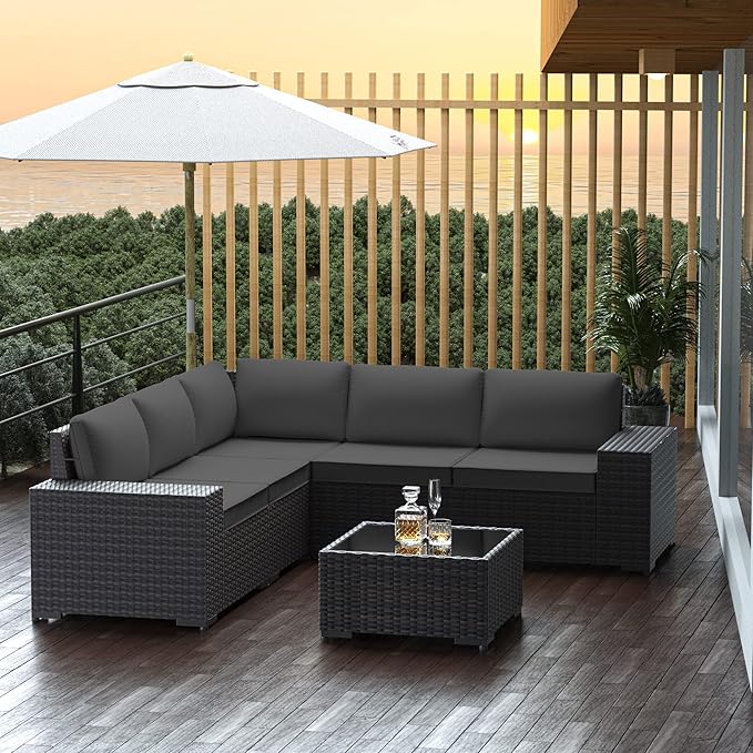 6 PCS Outdoor Patio Furniture Set,Outdoor Sectional Furniture All Weather PE Rattan Wicker Patio Conversation Set with Coffee Table and 5 Thickened Cushions,Grey
