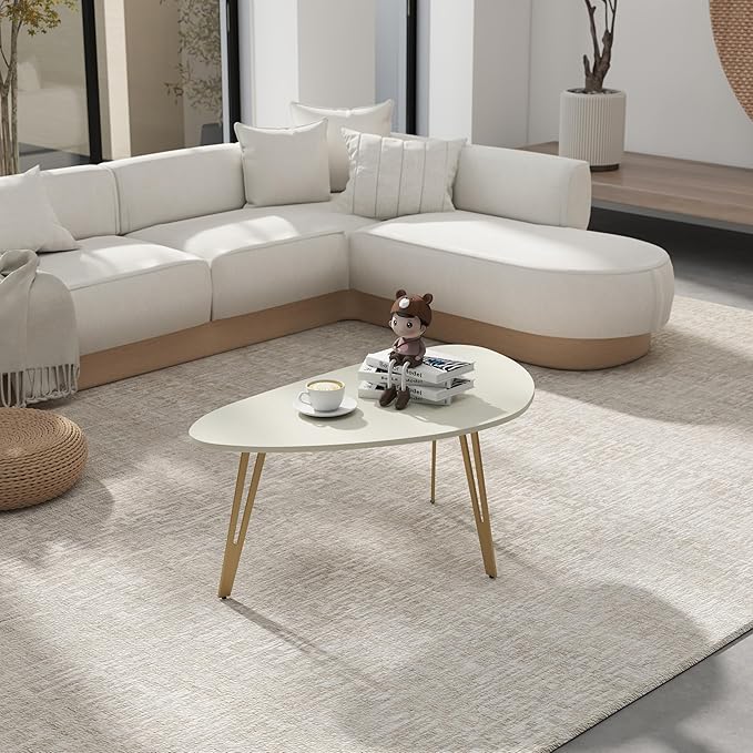 Manora Modern Simple White Wood Oval Coffee Table with Gold Legs, Minimalist Tea Table for Living Room, Office, Apartment or Small Space (White & Gold)