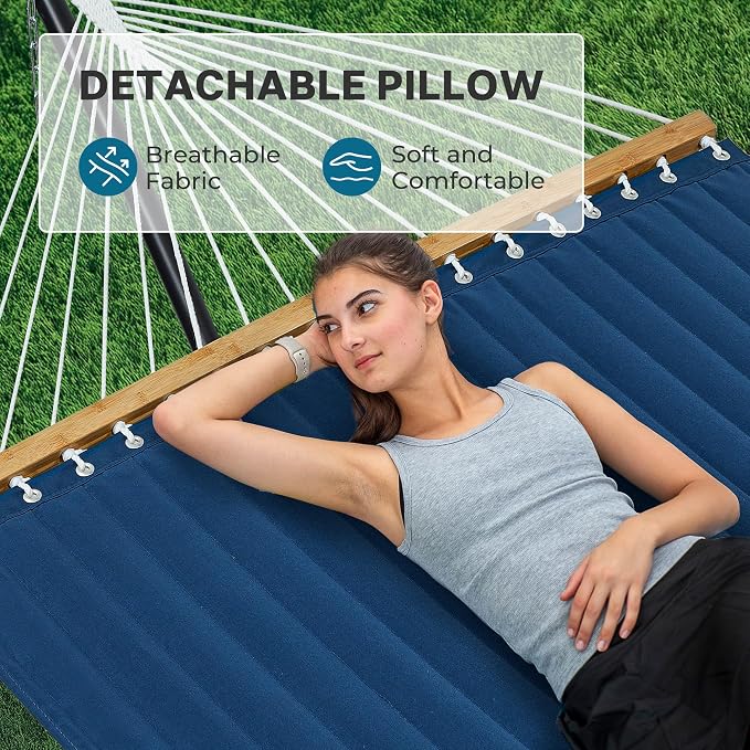 SUPERJARE Hammock with Stand, 2 Person Quilted Outdoor Hammock, Detachable Pillow & Bamboo Spreaders, Portable Hammock with Carrying Bag, Heavy Duty Stand, Perfect for Outside, Patio, Navy Blue - Image 7