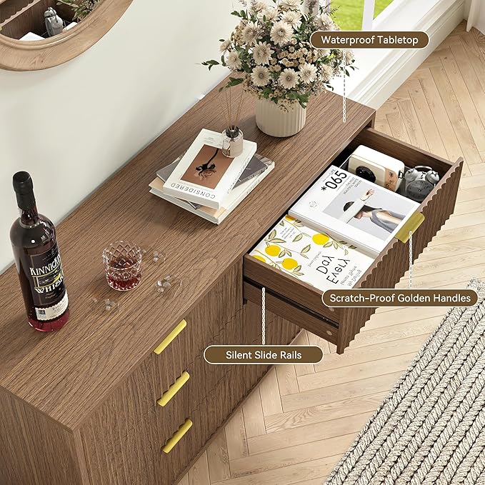 6 Drawer Dresser and Nightstand Sets for Bedroom, 3 Pcs Fluted Bedroom Set, 3 Drawer Night Stand Set of 2 & 6 Drawer Dresser with Golden Handles, Wood Chest of Drawers Cabinet Set, Natural Oak