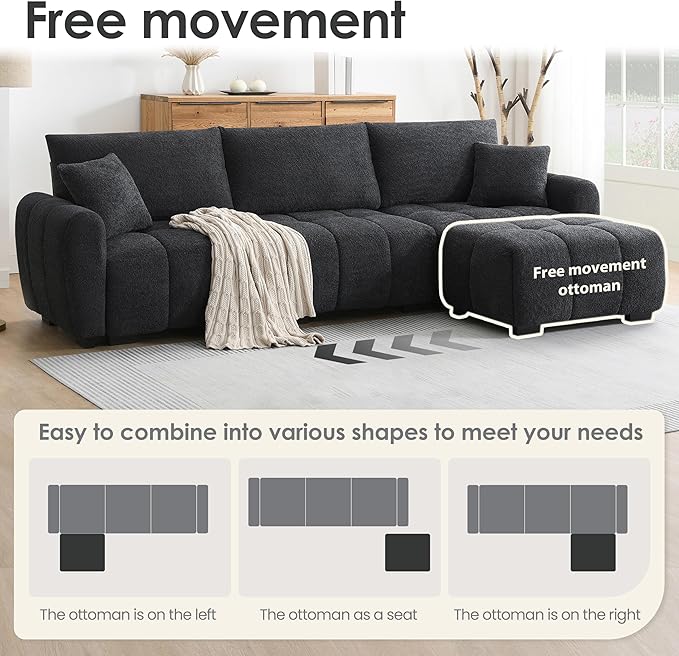 ERYE 110" L-Shaped Sectional Sofa 4 Seat Tufted Sofa Couches with Ottoman, Oversized Tufted Boucle Upholstered Corner Sectional Couch for Living Room Home Apartment
