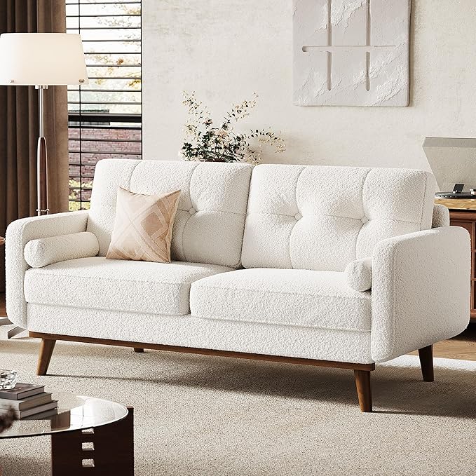 Garvee 65" Mid Century Modern Loveseat Sofa for Small Spaces, 2 Seater Boucle Upholstered Couch with Button Tufted Design & Wood Legs, Small Couch for Living Room, Bedroom, Office, Apartment, Beige