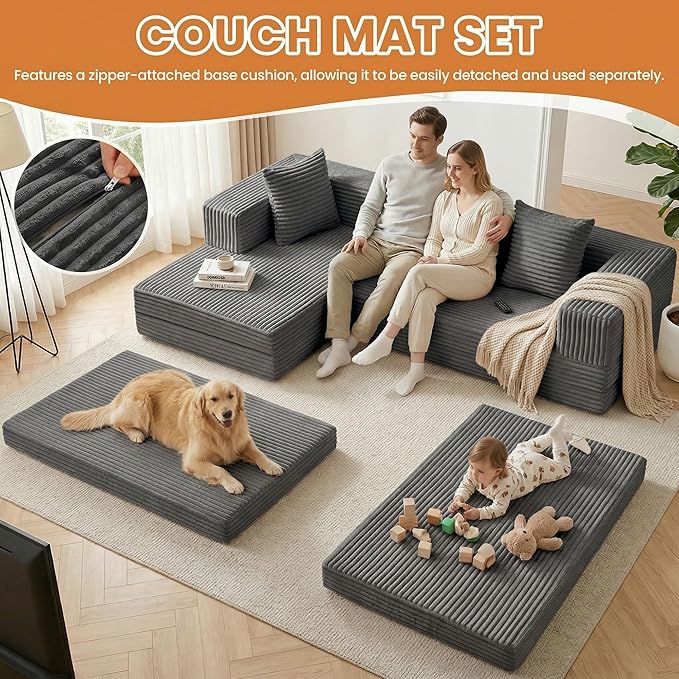 Modular Sectional Sofa, Boneless Convertible Oversized Sleeper Sofa Bed, Modern Tri-Folding Cloud Couch with L-Shape Chaise, Corduroy Futon Couches for Living Room Small Spaces Apartment,No Assembly