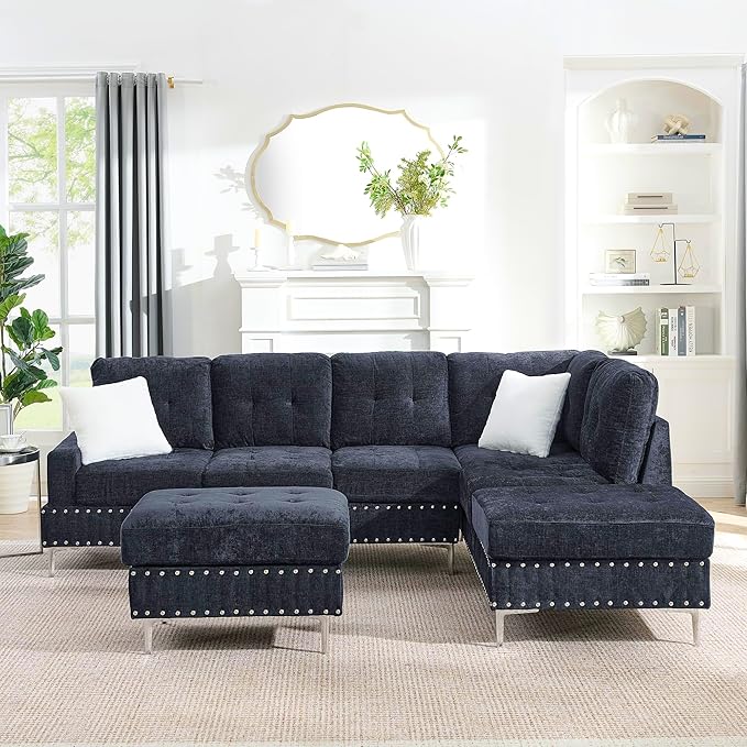 ERYE 102-Inch L-Shaped Corner Sectional Sofa Chenille Upholstered Tufted Corner Sofa Couch with Storage Ottoman and Nailhead Decor,Modern L-Shaped Convertible Couches