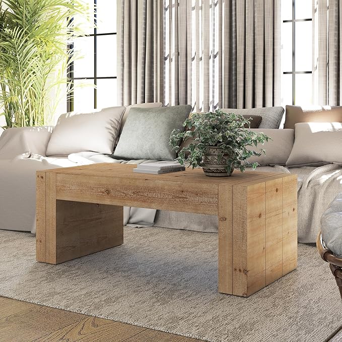 COZAYH Modern Rustic Wood Coffee Table with Thick Legs, Rectangular Living Room Center Table, Natural Finish Design, Sturdy Farmhouse Style for Home Decor, Office, Brown