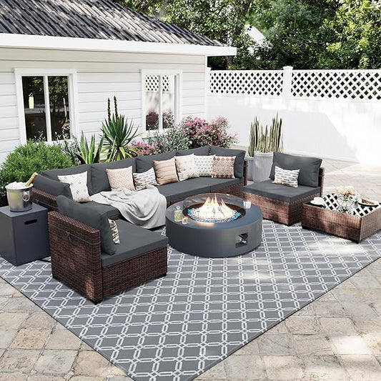 UPHA 9 Pieces Patio Furniture Sets, Wicker Outdoor Sectional Sofa Couch with Round Propane Pit for Deck Backyard Garden, Brown Rattan, Dark Gray Cushion