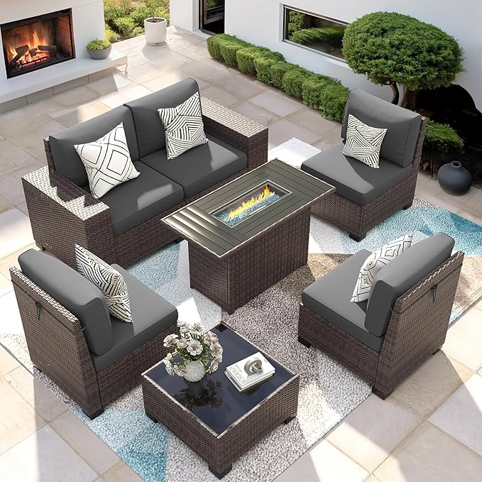 Patio Furniture Set with Fire Pit Table, 7 Piece Outdoor Sectional Conversation Sets Wicker Rattan Sectional Sofa with Coffee Table for Patio Garden Backyard, 4'' Thickened Cushion Dark Grey