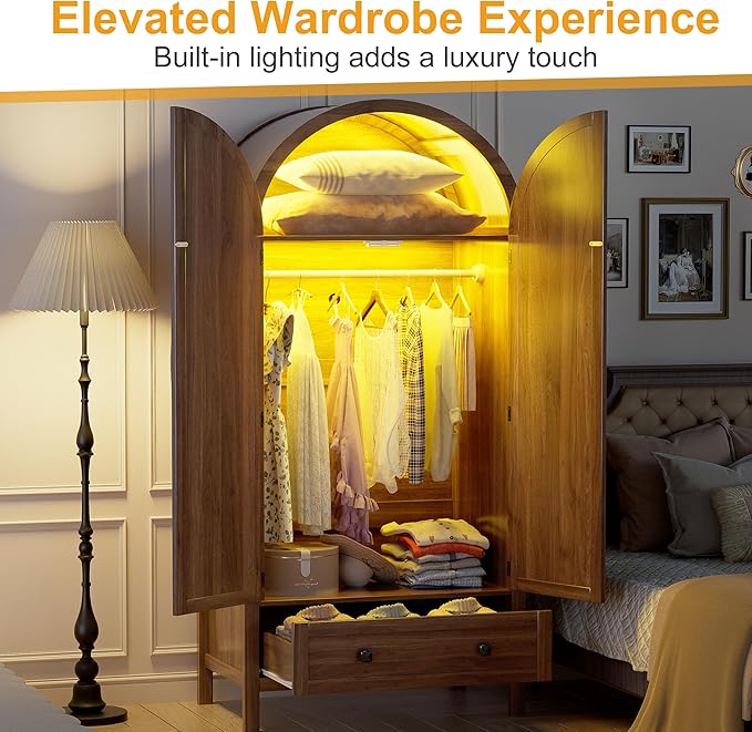 PAKASEPT Armoire Wardrobe Closet with Drawers and 2 Arched Fluted Doors, 70.9‘’ Tall Wooden Bedroom Armoires with LED Light & Shelves and Hanging Rod(Brown)