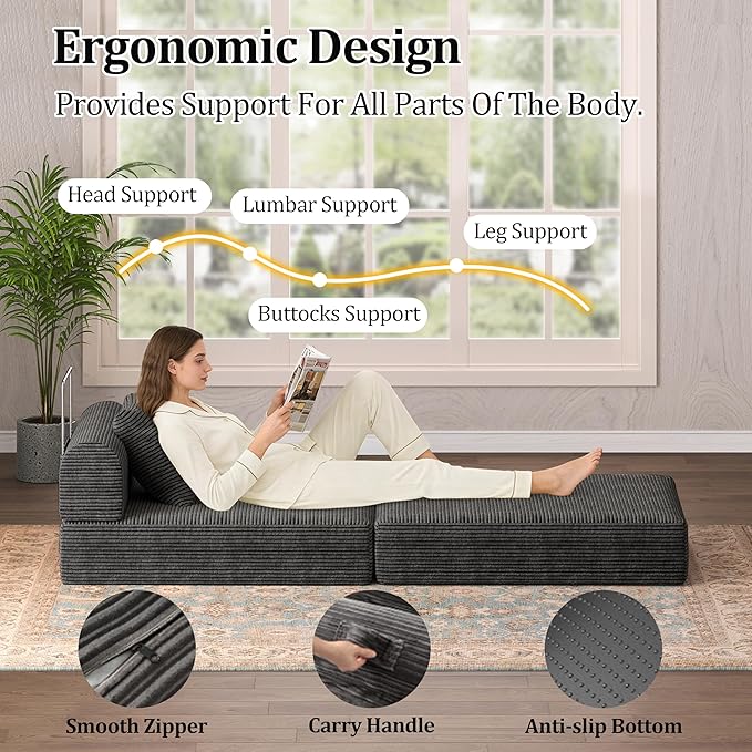 HouseMila Sofa Bed Couch,Convertible Boneless Couch Compressed Chair Comfy Boneless Chair Floor Lounge Chair with Pillow,No Assembly Folding Sofa Beds for Living Room Bedroom Guest Room(Single,Grey