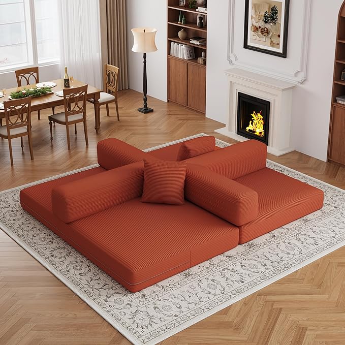 4-in-1 Foldable Sofa Bed Teddy Fabric Foam-Filled Compressed Couch, Convertible Loveseat Sofa, Boneless FoldingSleeper for Living Room, Guest Bed, Playroom (Orange, 59” 2 Seat)
