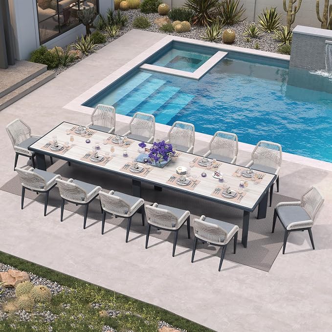 PURPLE LEAF 13 Pieces Patio Dining Set Aluminum Rectangular Table and Wicker Chairs with Cushions for Kitchen Porch Garden Modern Outdoor Furniture Sets, Beige and Dark Grey - Image 2