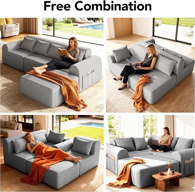 Rengue 105.5" Cloud Boneless Sectional Sofa for Living Room, 4-Seater L-Shaped Comfy Couch with Ottoman, 4 Pillows, Deep Seat Chenille Sofa, No Assembly Required (Light Grey) 72h to Restore
