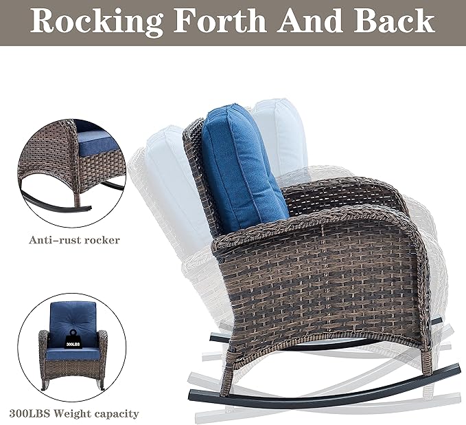 Belord 7 Piece Outdoor Patio Furniture Sets with Rocking Chairs, Wicker Loveseat Conversation Sets for Patio Deck Backyard Poolside, Blue Cushion