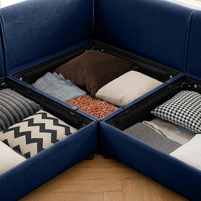 KEIKI 109" L-Shaped Modular Chenille Sectional Sofa with Storage Seat, 1 Ottoman, Modern 3-Seater Couch with Cylindrical Backrest and Armrests, Easy Assembly, for Apartment, Living Room, Blue